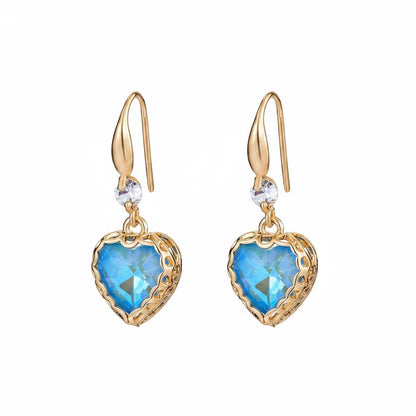 Blue Iridescent Crystal and Cubic Zirconia Goldtone Heart Hook Earrings, gold drop earrings for women, side view