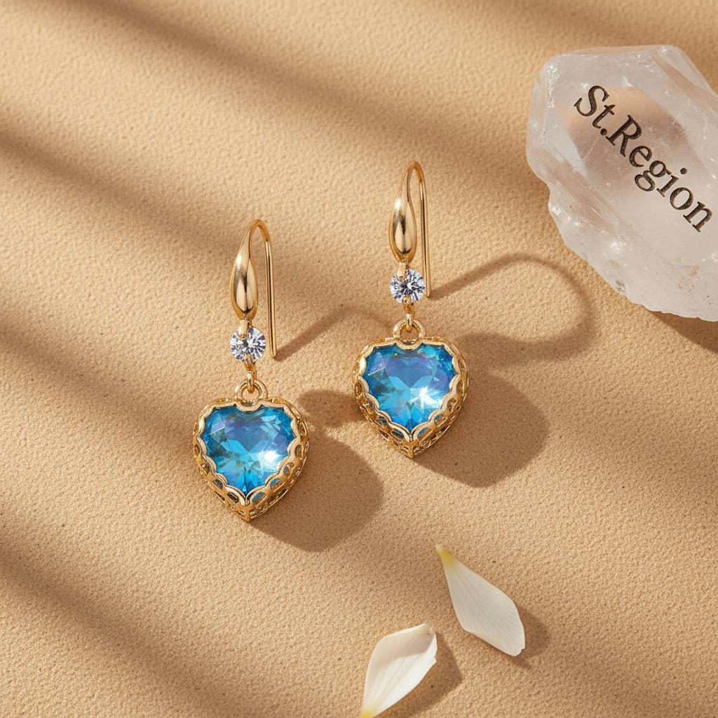 Blue Iridescent Crystal and Cubic Zirconia Goldtone Heart Hook Earrings, gold drop earrings for women, detail close-up