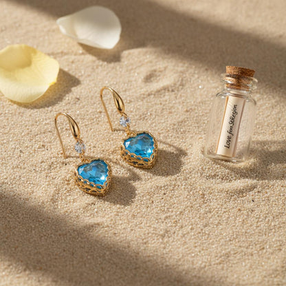 Blue Iridescent Crystal and Cubic Zirconia Goldtone Heart Hook Earrings, gold drop earrings for women, lifestyle look