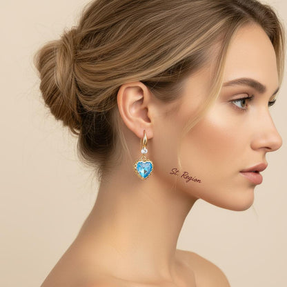 Blue Iridescent Crystal and Cubic Zirconia Goldtone Heart Hook Earrings, gold drop earrings for women, styled look