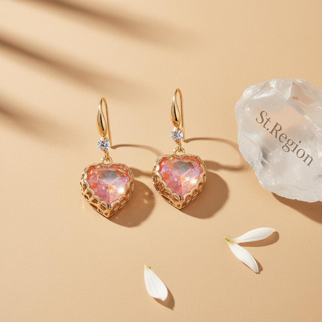 Orange Iridescent Crystal and Cubic Zirconia Goldtone Heart Hook Earrings, gold drop earrings for women, detail close-up