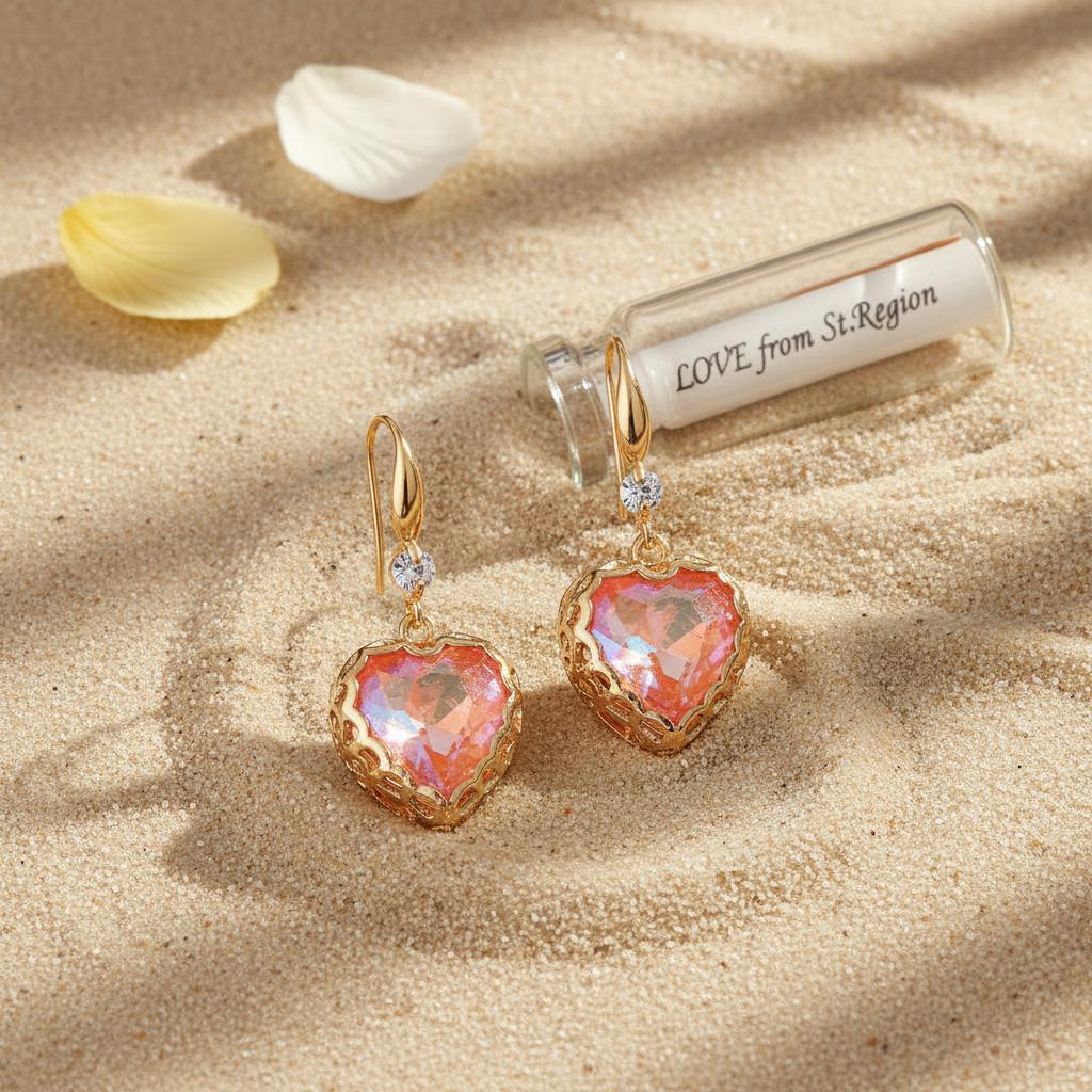 Orange Iridescent Crystal and Cubic Zirconia Goldtone Heart Hook Earrings, gold drop earrings for women, lifestyle look