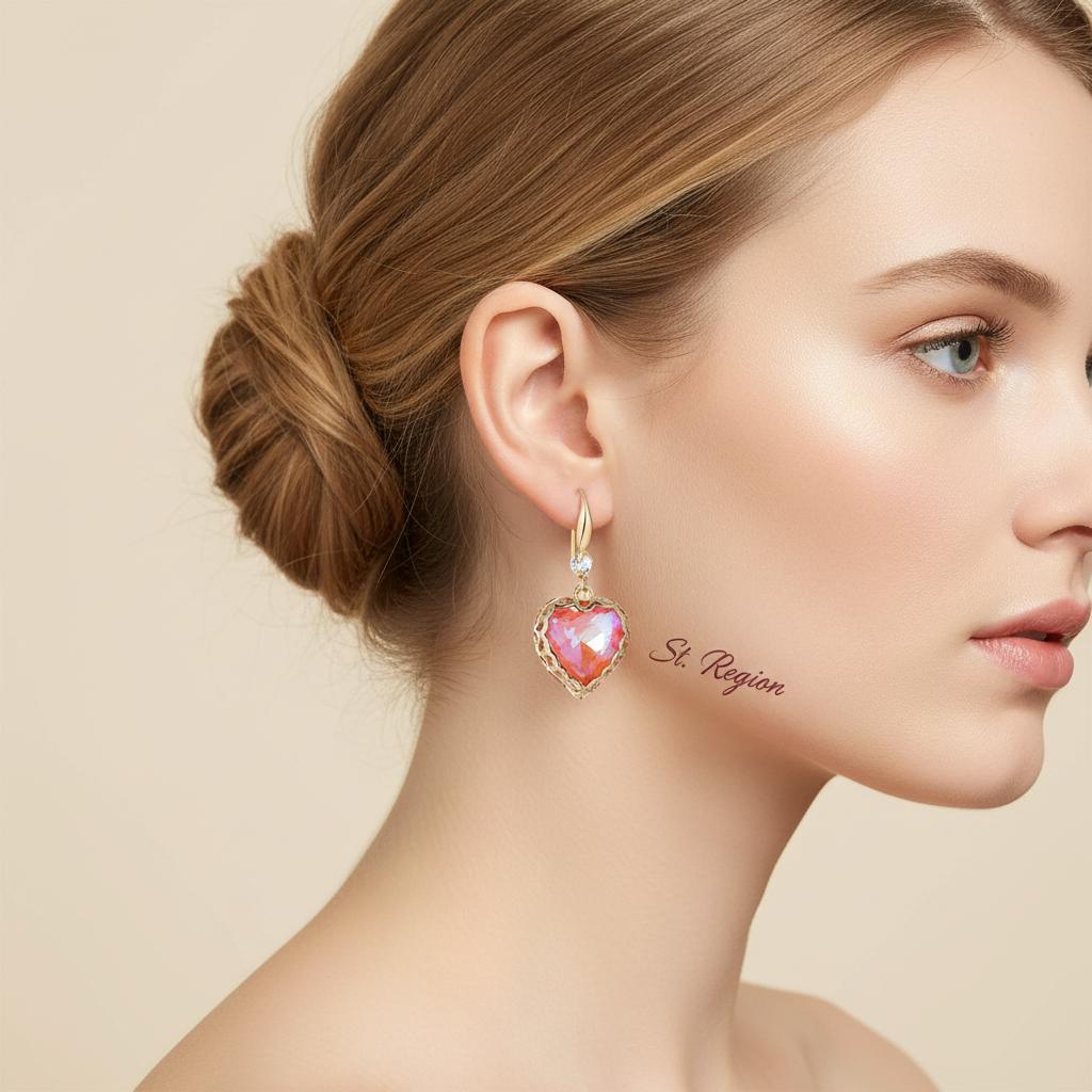 Orange Iridescent Crystal and Cubic Zirconia Goldtone Heart Hook Earrings, gold drop earrings for women, styled look