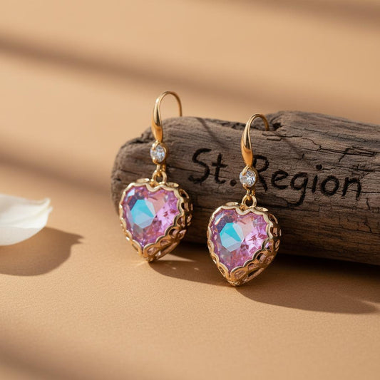 Purple Iridescent Crystal and Cubic Zirconia Goldtone Heart Hook Earrings, gold drop earrings for women, front view