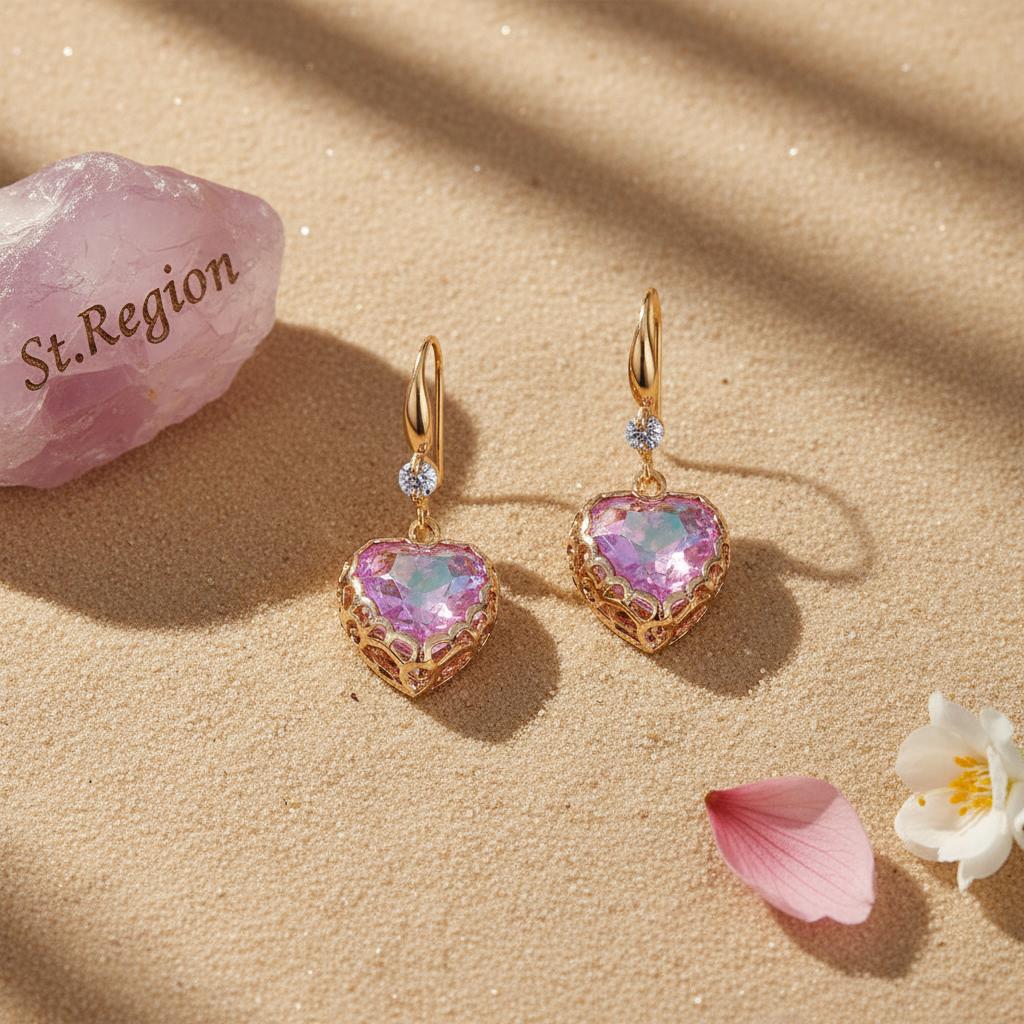 Purple Iridescent Crystal and Cubic Zirconia Goldtone Heart Hook Earrings, gold drop earrings for women, detail close-up