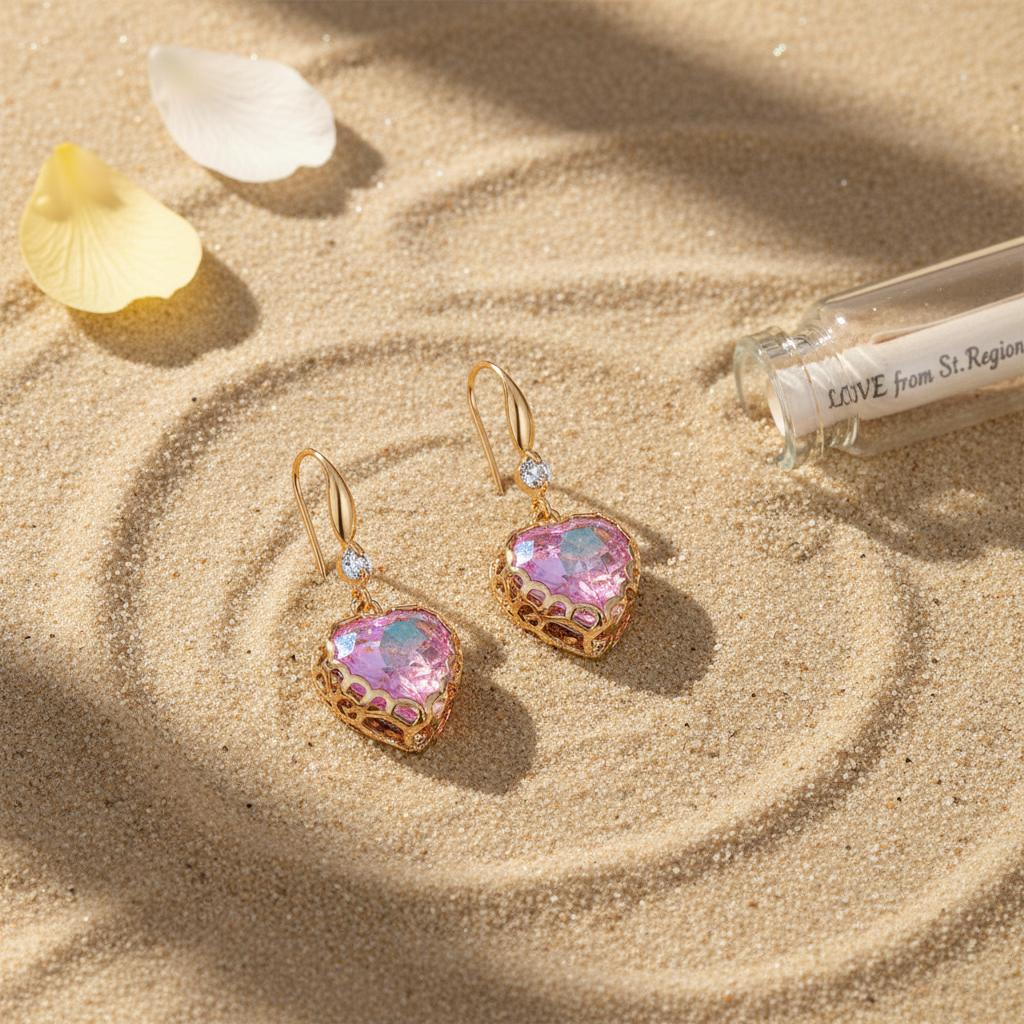 Purple Iridescent Crystal and Cubic Zirconia Goldtone Heart Hook Earrings, gold drop earrings for women, lifestyle look