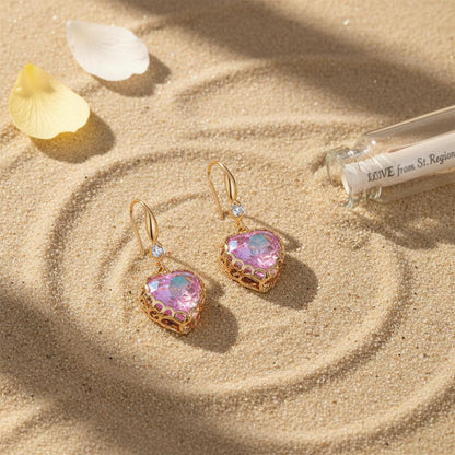 Purple Iridescent Crystal and Cubic Zirconia Goldtone Heart Hook Earrings, gold drop earrings for women, lifestyle look
