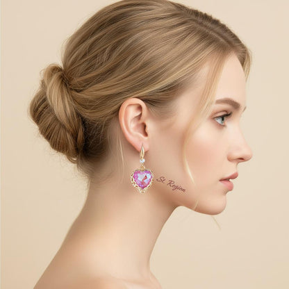 Purple Iridescent Crystal and Cubic Zirconia Goldtone Heart Hook Earrings, gold drop earrings for women, styled look