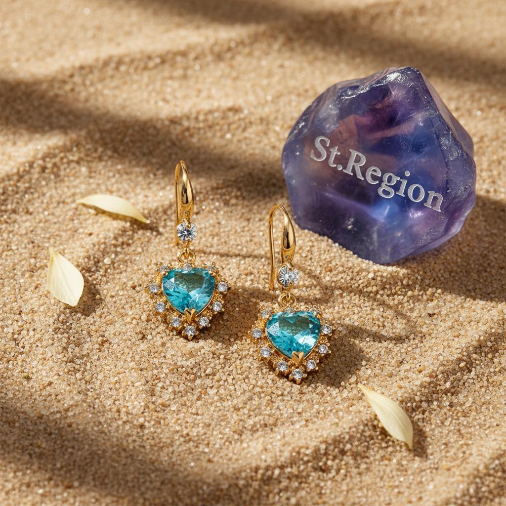 Blue Crystal and Cubic Zirconia Goldtone Heart Hook Earrings, gold drop earrings for women, detail close-up