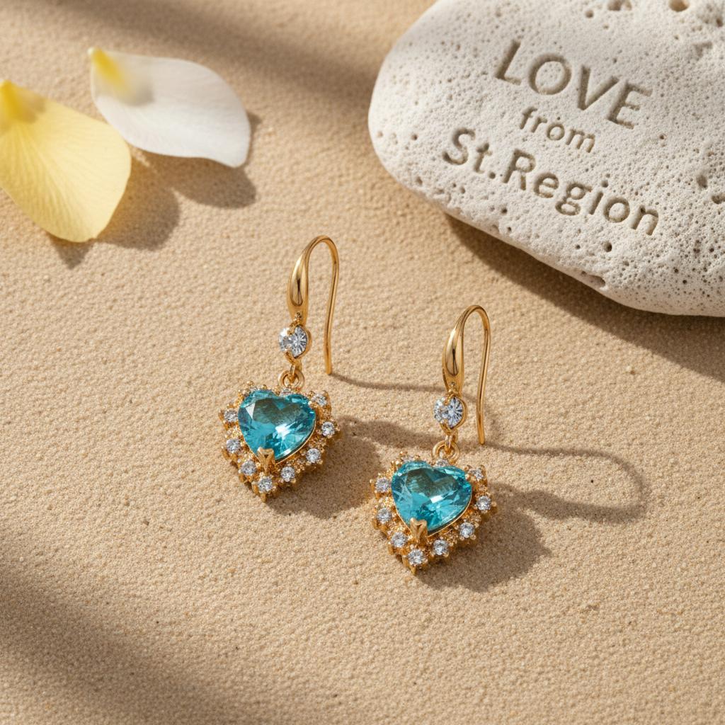 Blue Crystal and Cubic Zirconia Goldtone Heart Hook Earrings, gold drop earrings for women, lifestyle look