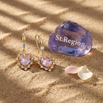 Pink Crystal and Cubic Zirconia Goldtone Heart Hook Earrings, gold drop earrings for women, detail close-up