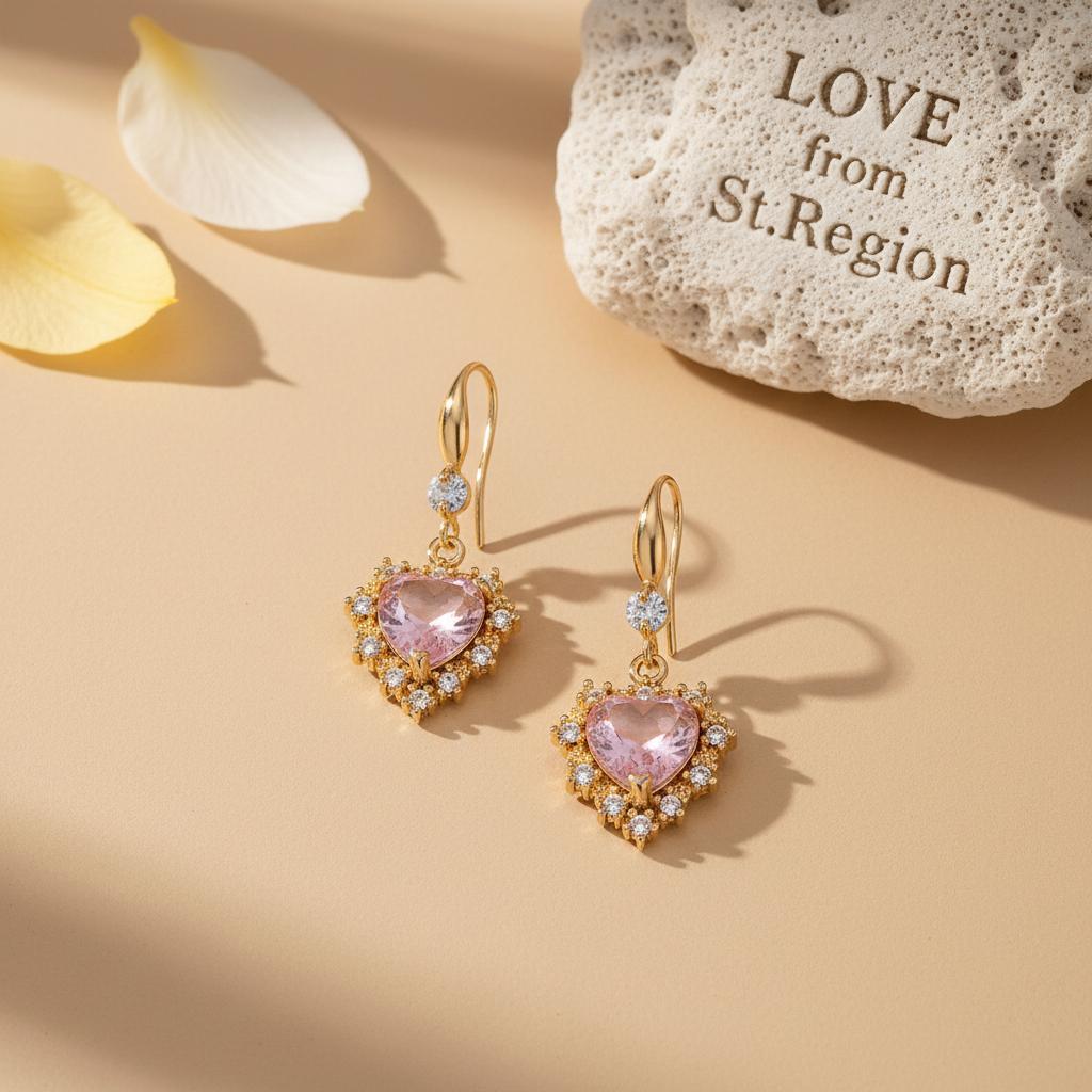 Pink Crystal and Cubic Zirconia Goldtone Heart Hook Earrings, gold drop earrings for women, lifestyle look