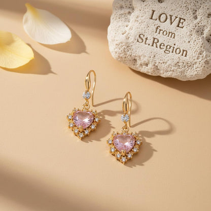 Pink Crystal and Cubic Zirconia Goldtone Heart Hook Earrings, gold drop earrings for women, lifestyle look