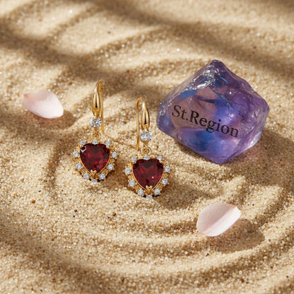 Red Crystal and Cubic Zirconia Goldtone Heart Hook Earrings, gold drop earrings for women, detail close-up