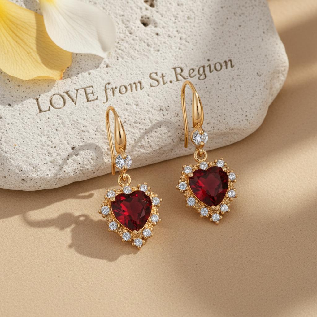 Red Crystal and Cubic Zirconia Goldtone Heart Hook Earrings, gold drop earrings for women, lifestyle look