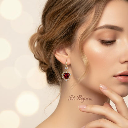 Red Crystal and Cubic Zirconia Goldtone Heart Hook Earrings, gold drop earrings for women, styled look