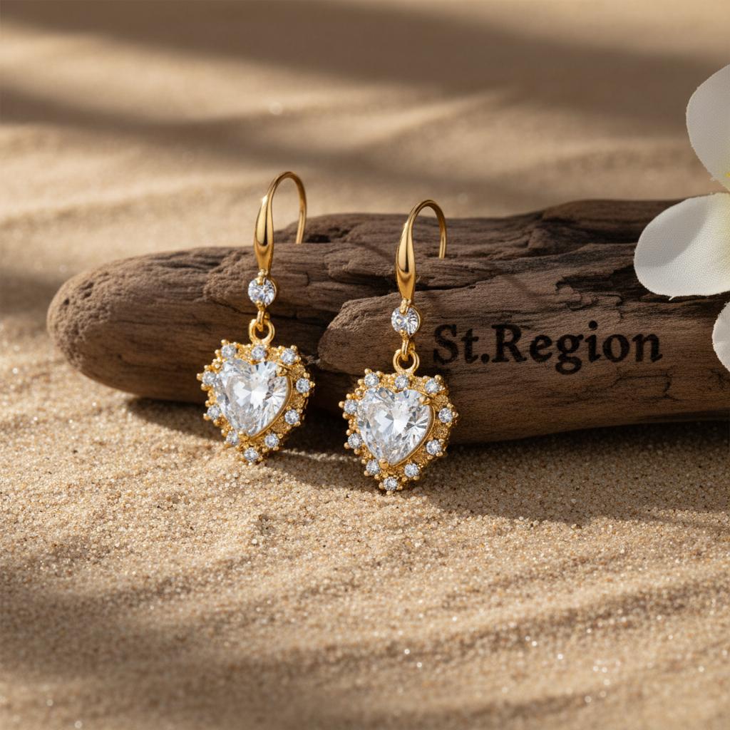 White Crystal and Cubic Zirconia Goldtone Heart Hook Earrings, gold drop earrings for women, front view