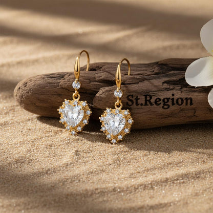 White Crystal and Cubic Zirconia Goldtone Heart Hook Earrings, gold drop earrings for women, front view