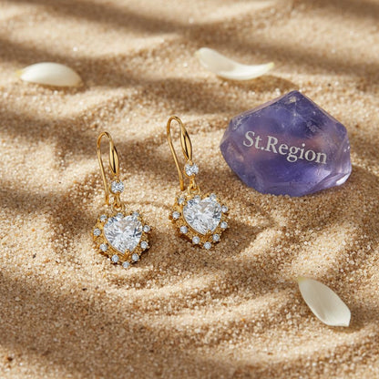 White Crystal and Cubic Zirconia Goldtone Heart Hook Earrings, gold drop earrings for women, detail close-up