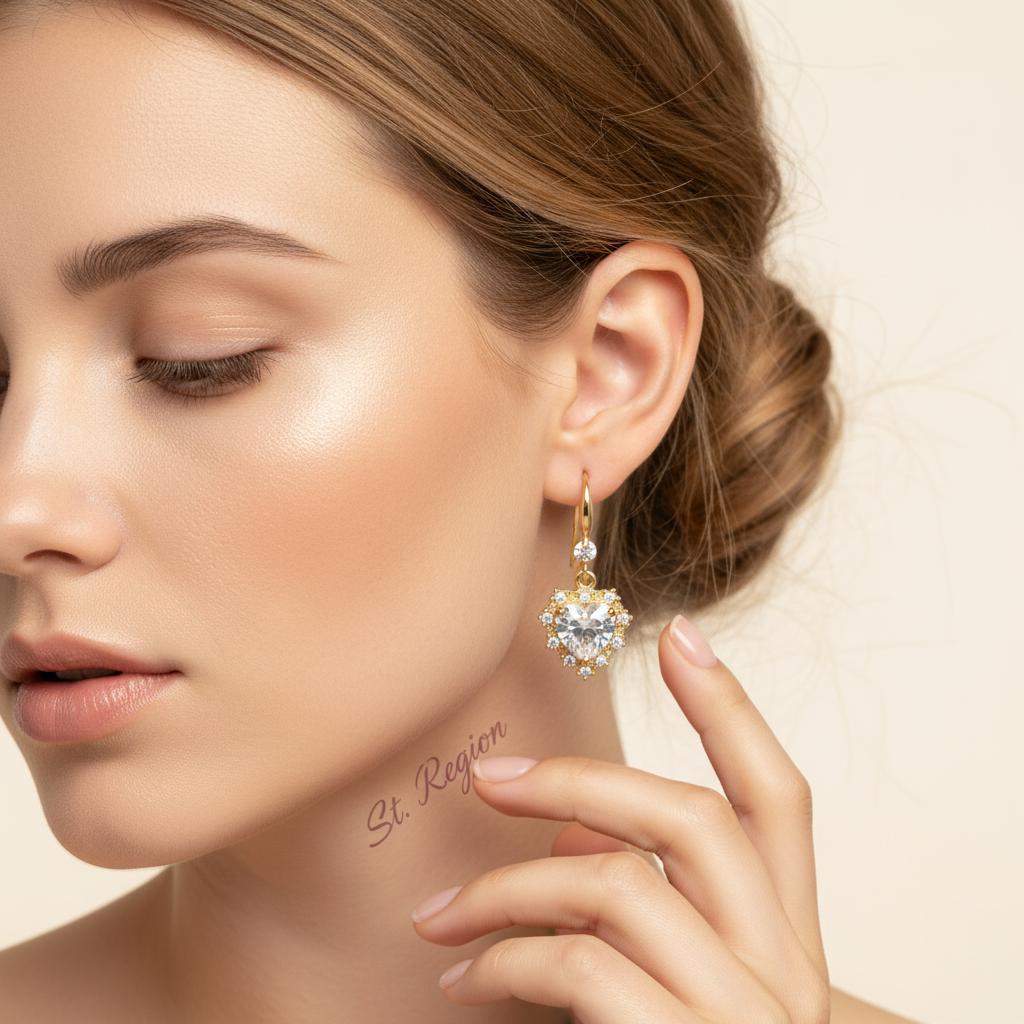 White Crystal and Cubic Zirconia Goldtone Heart Hook Earrings, gold drop earrings for women, styled look