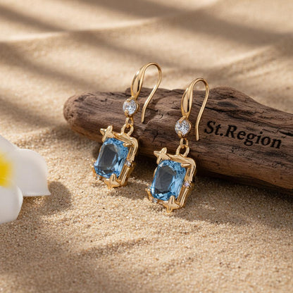 Blue Topaz and Cubic Zirconia Goldtone Cushion-Cut Star Hook Earrings, gold drop earrings for women, front view