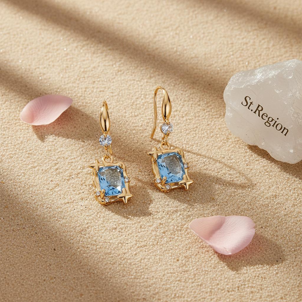 Blue Topaz and Cubic Zirconia Goldtone Cushion-Cut Star Hook Earrings, gold drop earrings for women, detail close-up