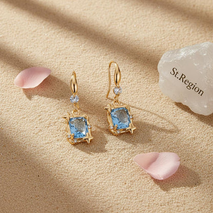 Blue Topaz and Cubic Zirconia Goldtone Cushion-Cut Star Hook Earrings, gold drop earrings for women, detail close-up