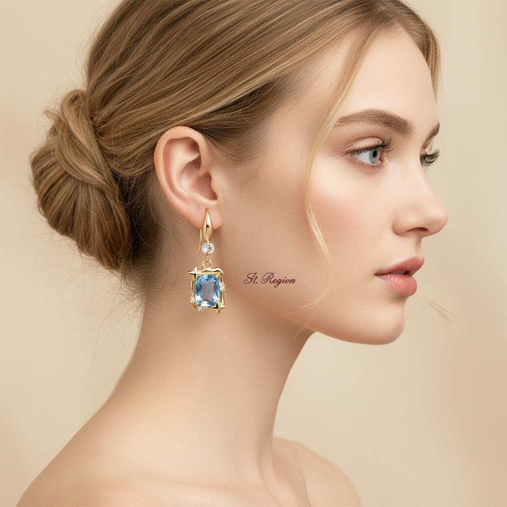Blue Topaz and Cubic Zirconia Goldtone Cushion-Cut Star Hook Earrings, gold drop earrings for women, styled look