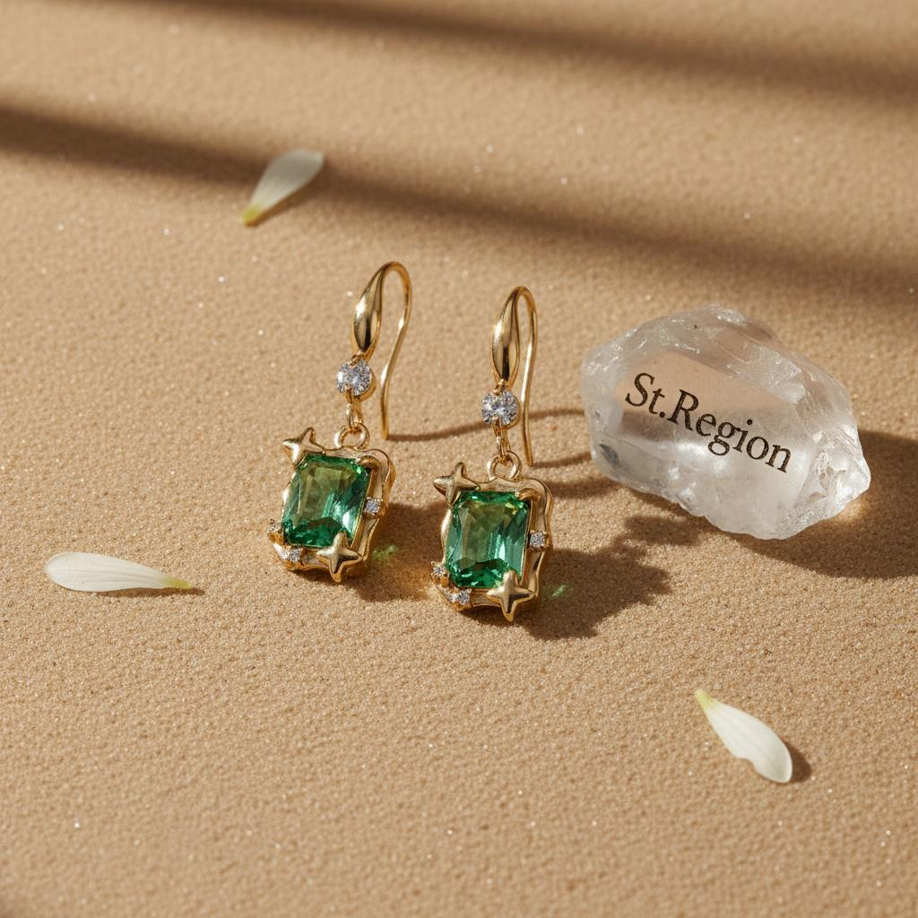 Green Crystal and Cubic Zirconia Goldtone Cushion-Cut Star Hook Earrings, gold drop earrings for women, detail close-up
