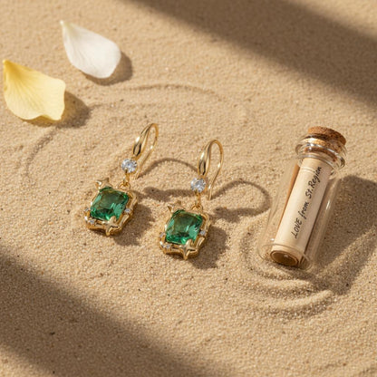 Green Crystal and Cubic Zirconia Goldtone Cushion-Cut Star Hook Earrings, gold drop earrings for women, lifestyle look