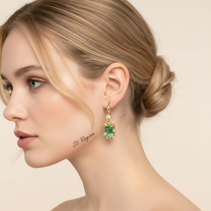 Green Crystal and Cubic Zirconia Goldtone Cushion-Cut Star Hook Earrings, gold drop earrings for women, styled look
