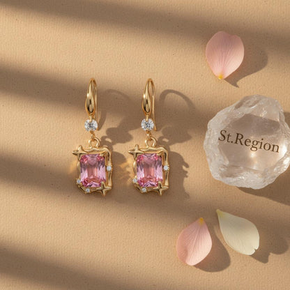 Pink Crystal and Cubic Zirconia Goldtone Cushion-Cut Star Hook Earrings, gold drop earrings for women, detail close-up