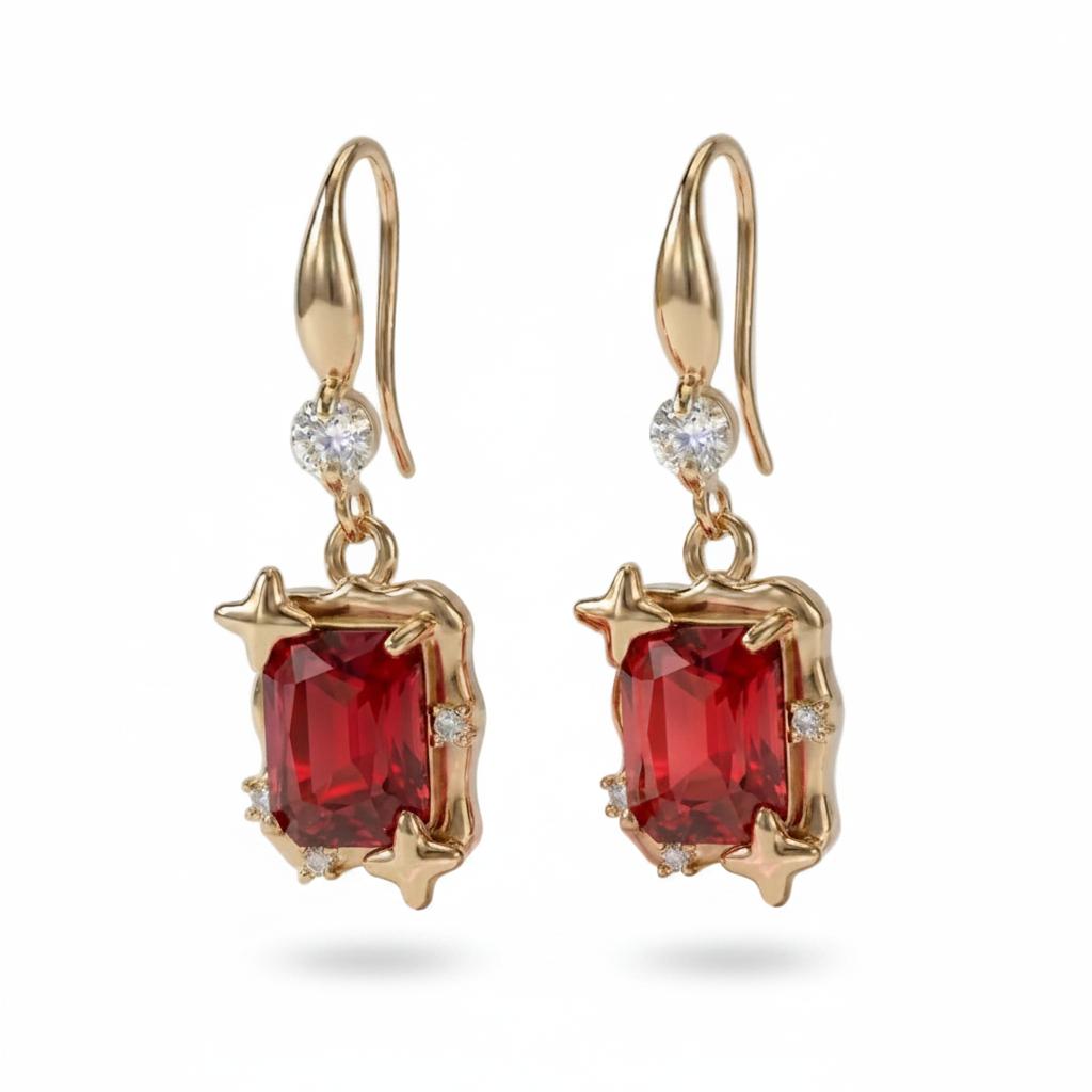 Red Crystal and Cubic Zirconia Goldtone Cushion-Cut Star Hook Earrings, gold drop earrings for women, side view
