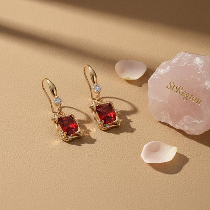 Red Crystal and Cubic Zirconia Goldtone Cushion-Cut Star Hook Earrings, gold drop earrings for women, detail close-up