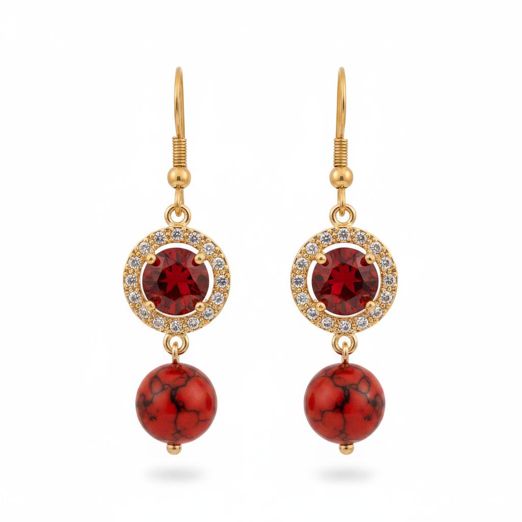 Red Turqouise and Crystal Cubic Zirconia Goldtone Ball Hook Earrings, gold drop earrings for women, everyday style, side view