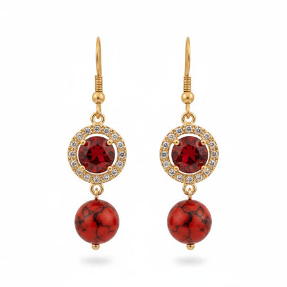 Red Turqouise and Crystal Cubic Zirconia Goldtone Ball Hook Earrings, gold drop earrings for women, everyday style, side view