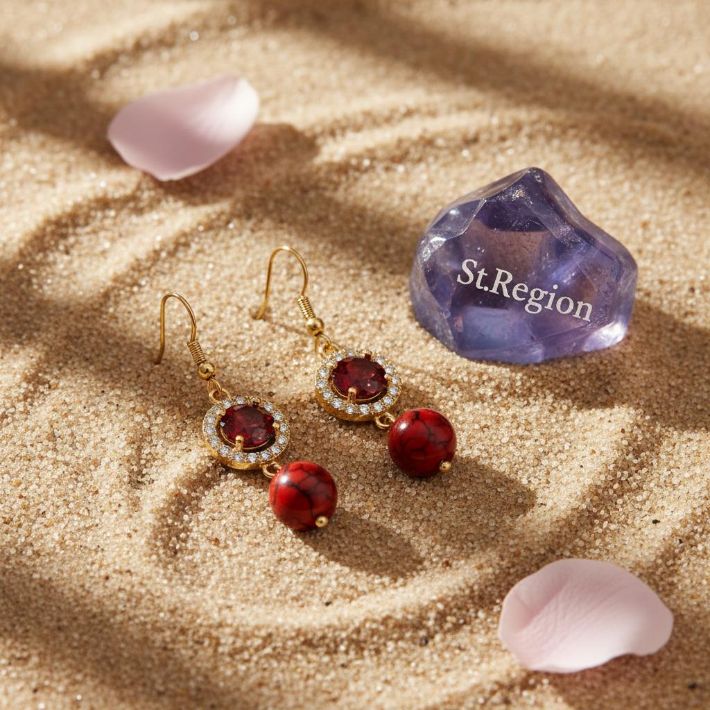 Red Turqouise and Crystal Cubic Zirconia Goldtone Ball Hook Earrings, gold drop earrings for women, detail close-up