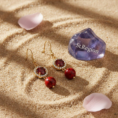 Red Turqouise and Crystal Cubic Zirconia Goldtone Ball Hook Earrings, gold drop earrings for women, detail close-up