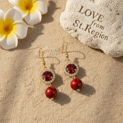 Red Turqouise and Crystal Cubic Zirconia Goldtone Ball Hook Earrings, gold drop earrings for women, lifestyle look