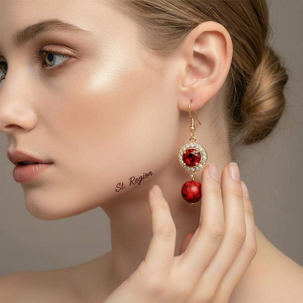 Red Turqouise and Crystal Cubic Zirconia Goldtone Ball Hook Earrings, gold drop earrings for women, styled look