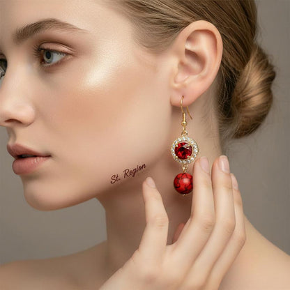 Red Turqouise and Crystal Cubic Zirconia Goldtone Ball Hook Earrings, gold drop earrings for women, styled look
