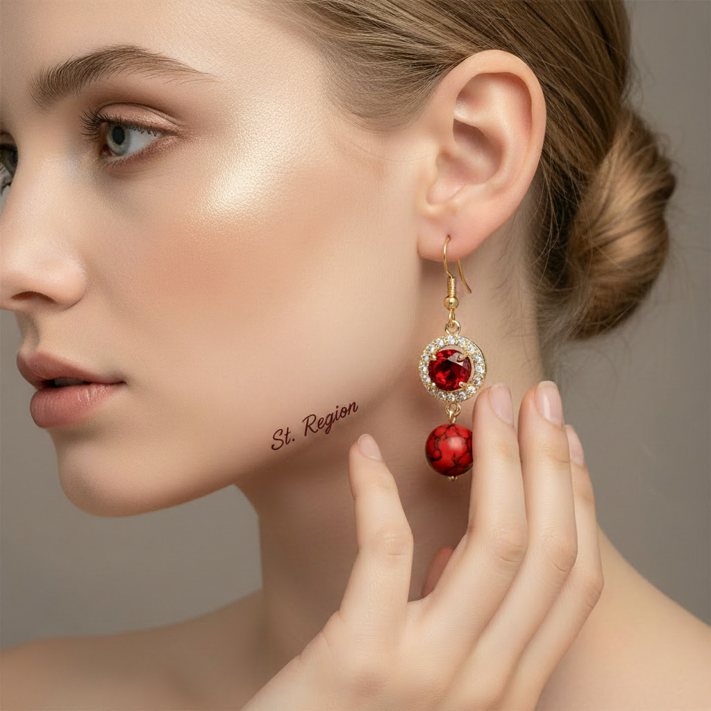 Red Turqouise & Crystal Cubic Zirconia Goldtone Ball Hook Earrings - Street Region