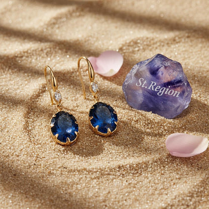 Deep Sapphire-Blue Crystal and Cubic Zirconia Goldtone Oval Hook Earrings, gold drop earrings for women, detail close-up