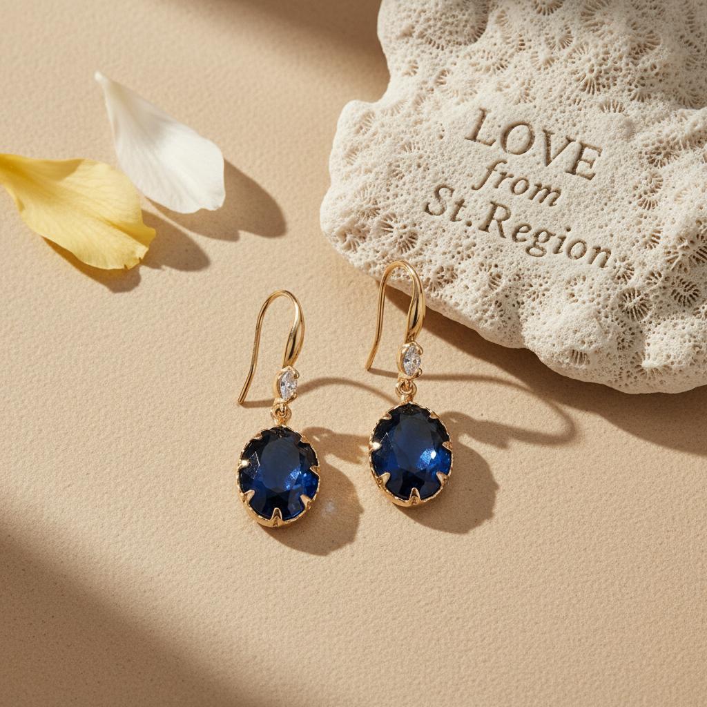 Deep Sapphire-Blue Crystal and Cubic Zirconia Goldtone Oval Hook Earrings, gold drop earrings for women, lifestyle look