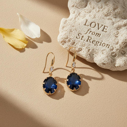 Deep Sapphire-Blue Crystal and Cubic Zirconia Goldtone Oval Hook Earrings, gold drop earrings for women, lifestyle look