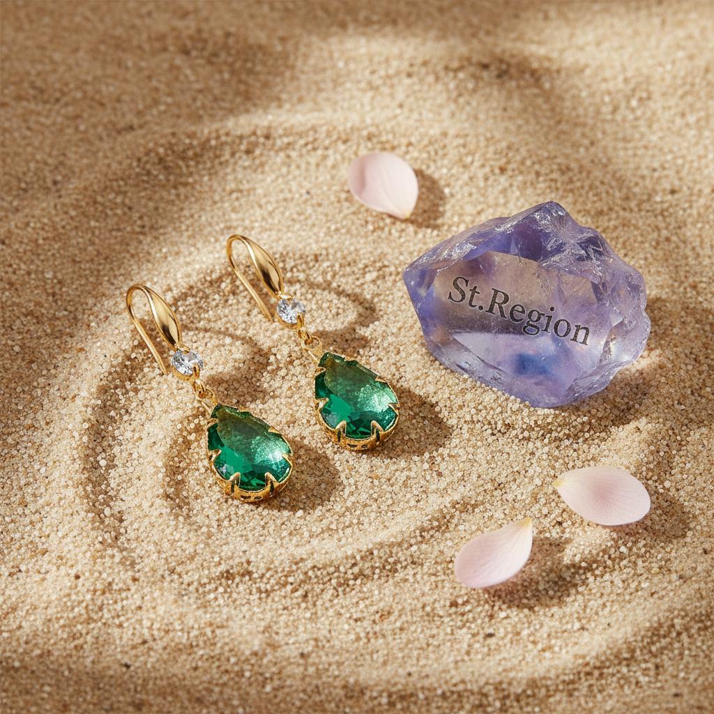 Green Crystal and Cubic Zirconia Goldtone Teardrop Hook Earrings, gold drop earrings for women, detail close-up