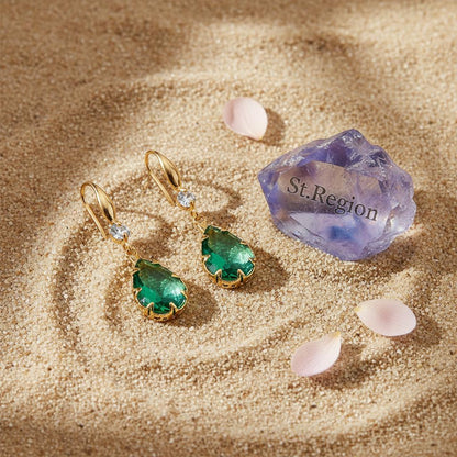 Green Crystal and Cubic Zirconia Goldtone Teardrop Hook Earrings, gold drop earrings for women, detail close-up