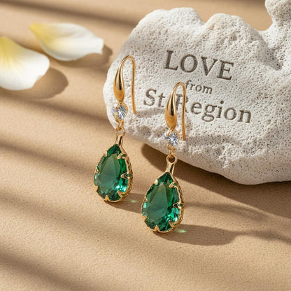 Green Crystal and Cubic Zirconia Goldtone Teardrop Hook Earrings, gold drop earrings for women, lifestyle look