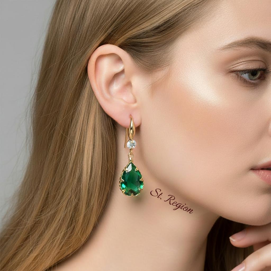 Green Crystal and Cubic Zirconia Goldtone Teardrop Hook Earrings, gold drop earrings for women, styled look