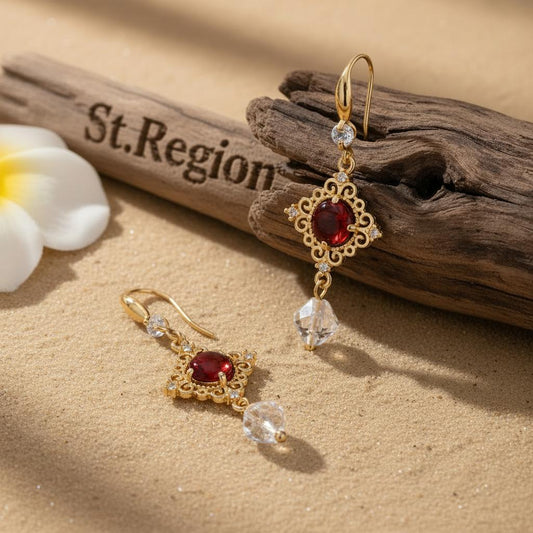 Red Quartz and Crystal Cubic Zirconia Goldtone Rhombus Hook Earrings, gold drop earrings for women, front view